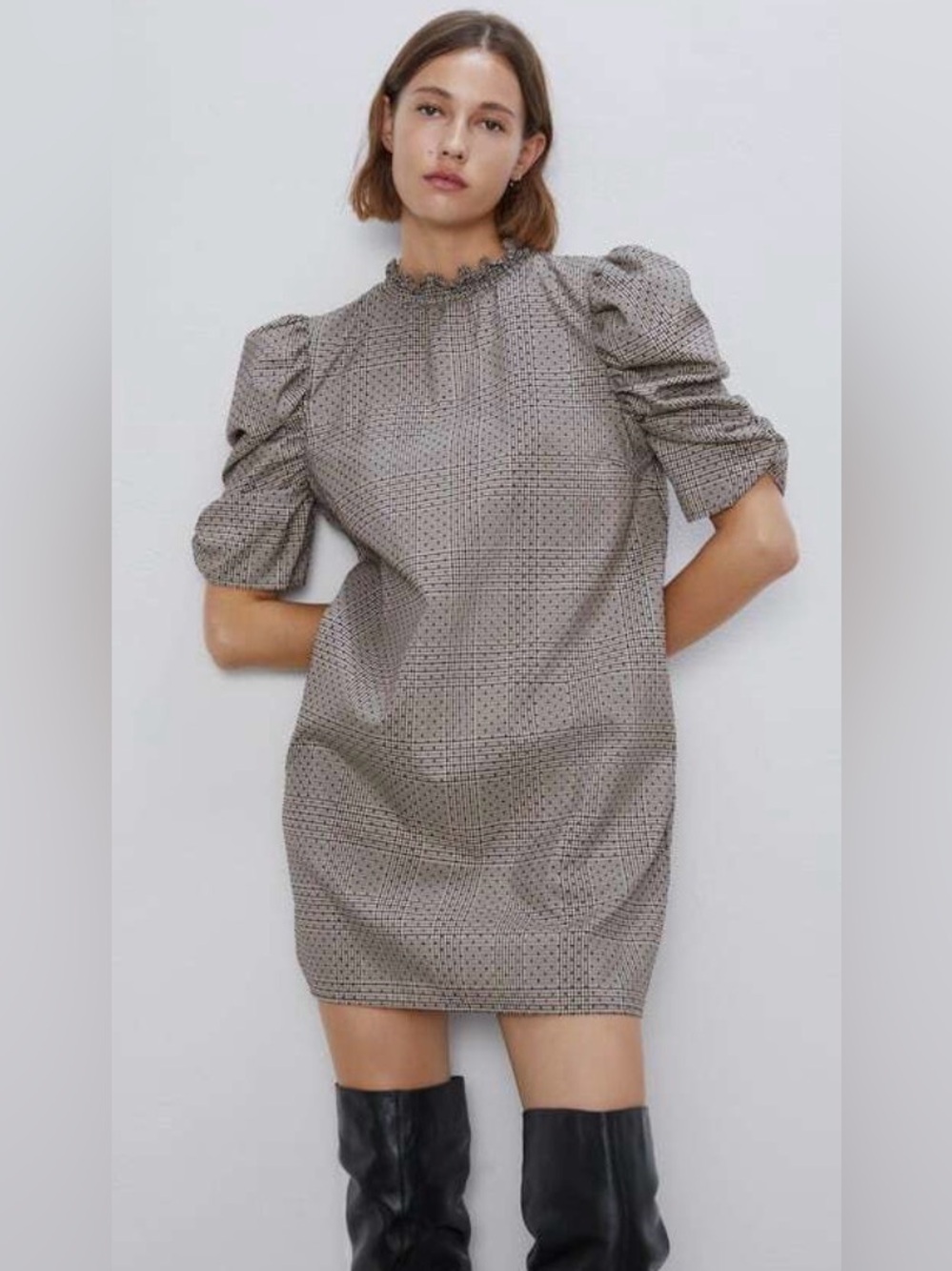 Zara Plaid Puff-Sleeve Mini Dress - Neutral Plaid